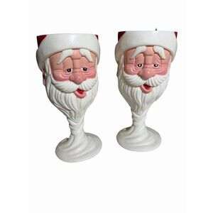 Set of 2 Vintage Hard Plastic Tipsy Santa Christmas Goblet Stem Cup
